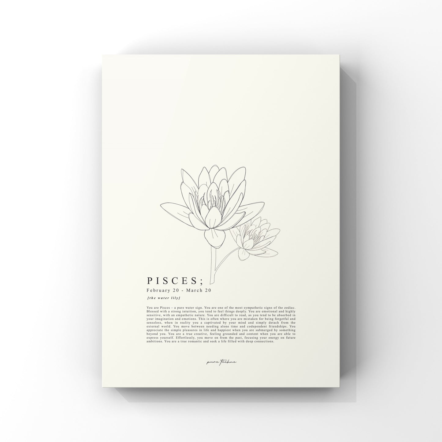 Illustration and written zodiac print with fine line drawing of a water lily