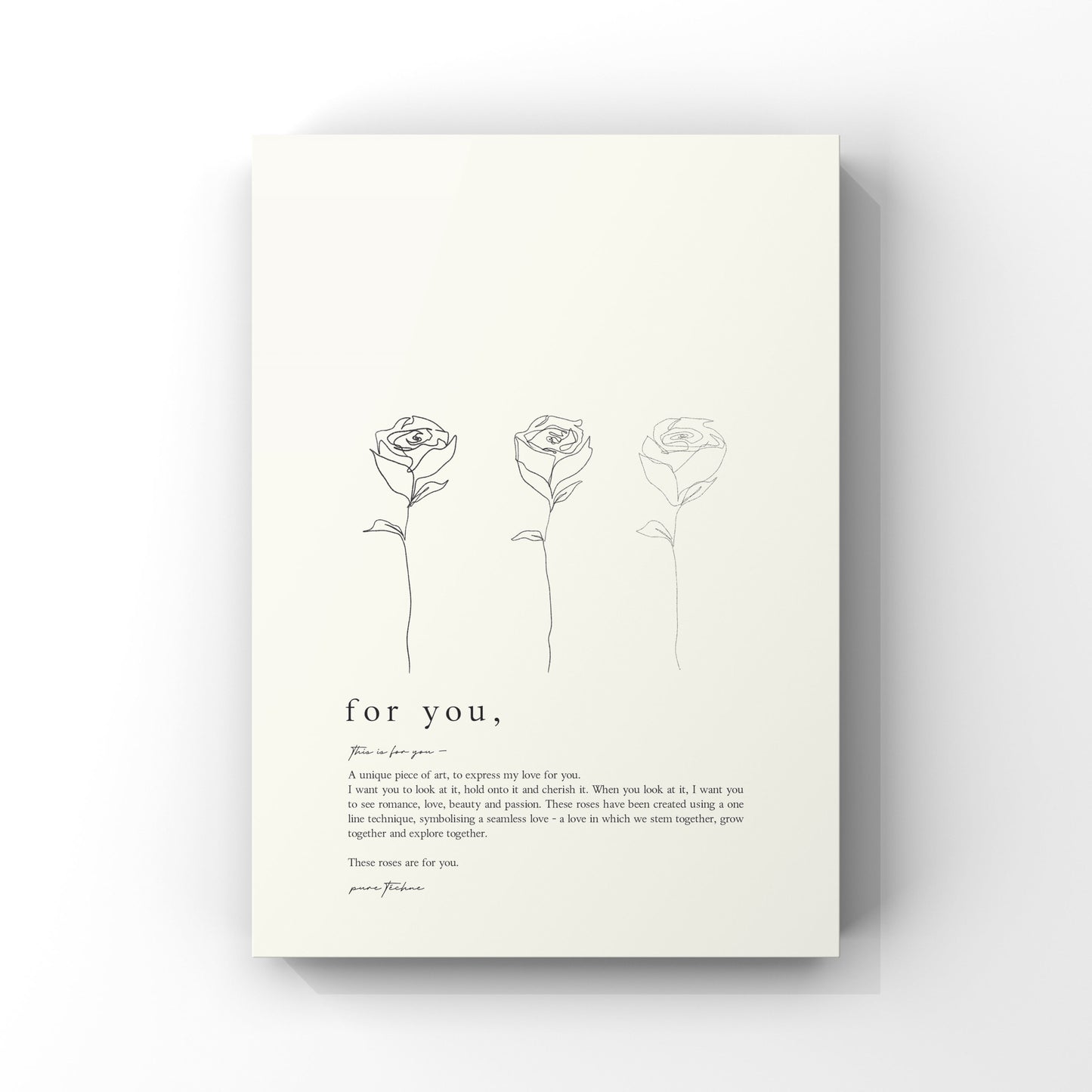 A art piece of three continuous one line drawings of roses - with a written piece personalised for your loved one