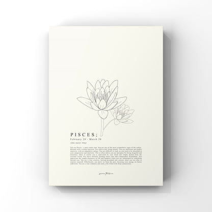 Illustration and written zodiac print with fine line drawing of a water lily